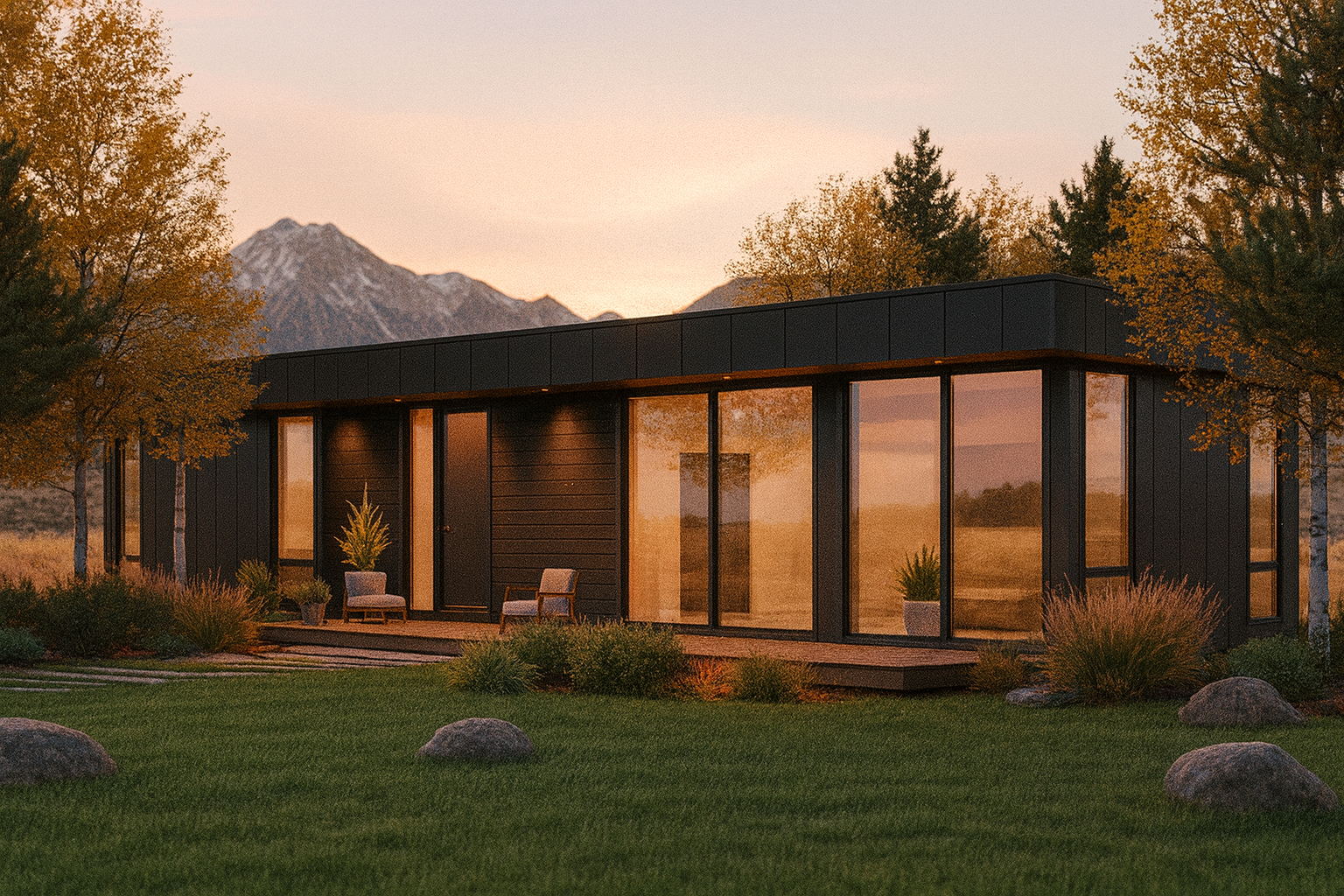Modern Black Modular Home at Golden Hour with Mountain Backdrop - Premium Factory-Built Architecture with Warm Interior Lighting